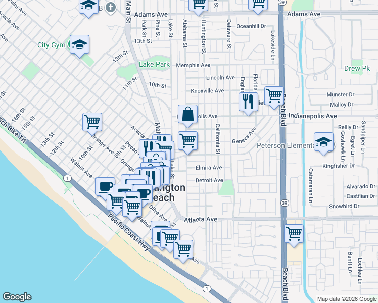 map of restaurants, bars, coffee shops, grocery stores, and more near 212 Geneva Avenue in Huntington Beach