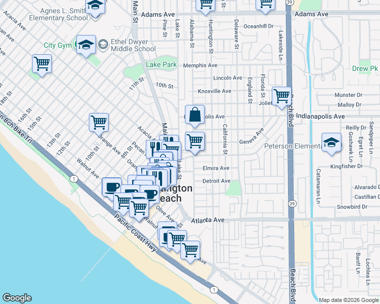 map of restaurants, bars, coffee shops, grocery stores, and more near 606 Lake Street in Huntington Beach