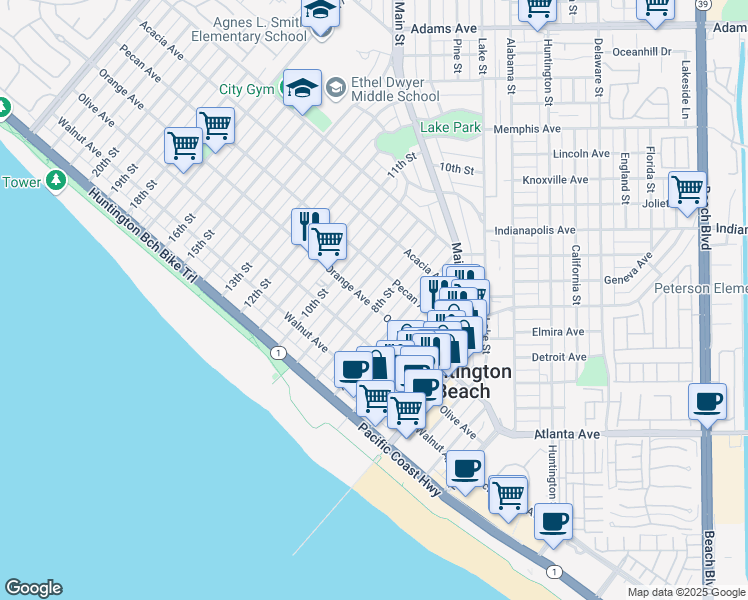 map of restaurants, bars, coffee shops, grocery stores, and more near 7141 Bluesails Drive in Huntington Beach