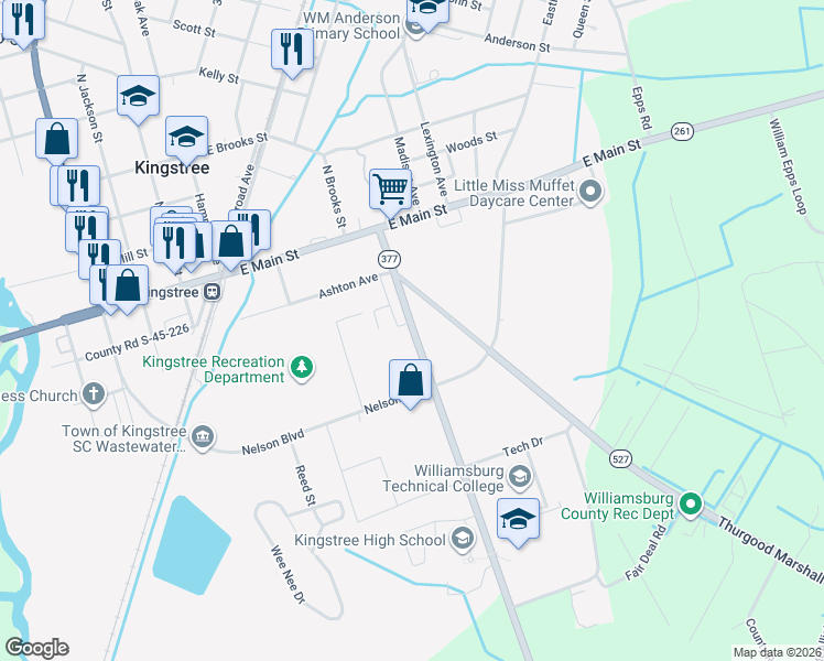 map of restaurants, bars, coffee shops, grocery stores, and more near in Kingstree