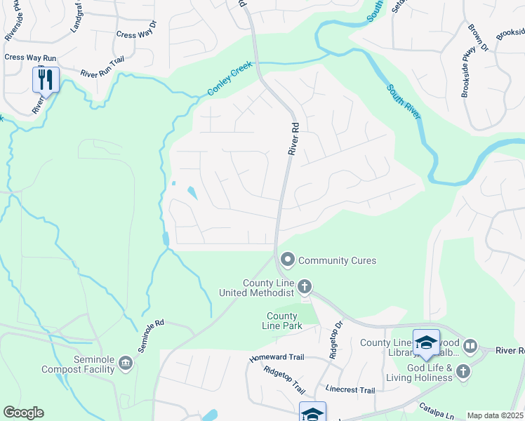 map of restaurants, bars, coffee shops, grocery stores, and more near 3470 River Mill Lane in Ellenwood