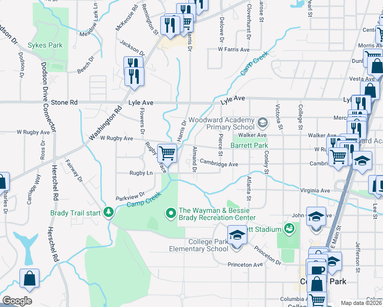 map of restaurants, bars, coffee shops, grocery stores, and more near 3421 Almand Drive in College Park