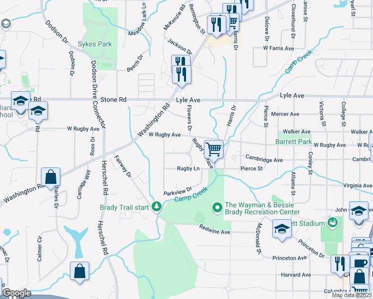 map of restaurants, bars, coffee shops, grocery stores, and more near 3423 Rugby Circle in College Park