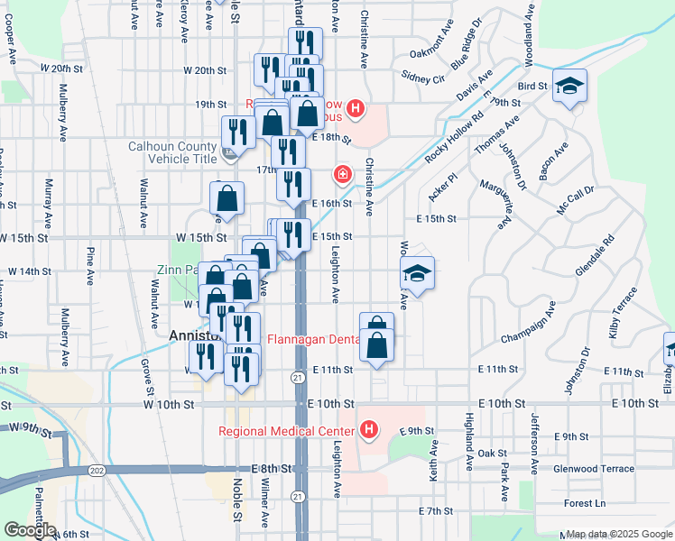 map of restaurants, bars, coffee shops, grocery stores, and more near 1412 Leighton Avenue in Anniston