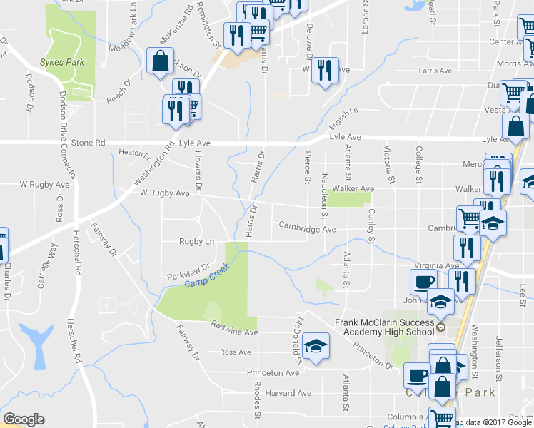 map of restaurants, bars, coffee shops, grocery stores, and more near 3421 Almand Drive in College Park