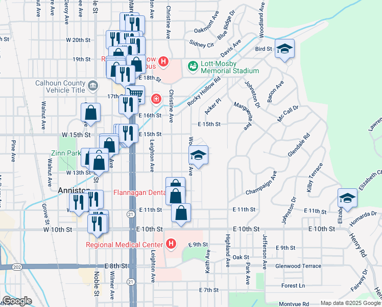 map of restaurants, bars, coffee shops, grocery stores, and more near 1401 Woodstock Avenue in Anniston
