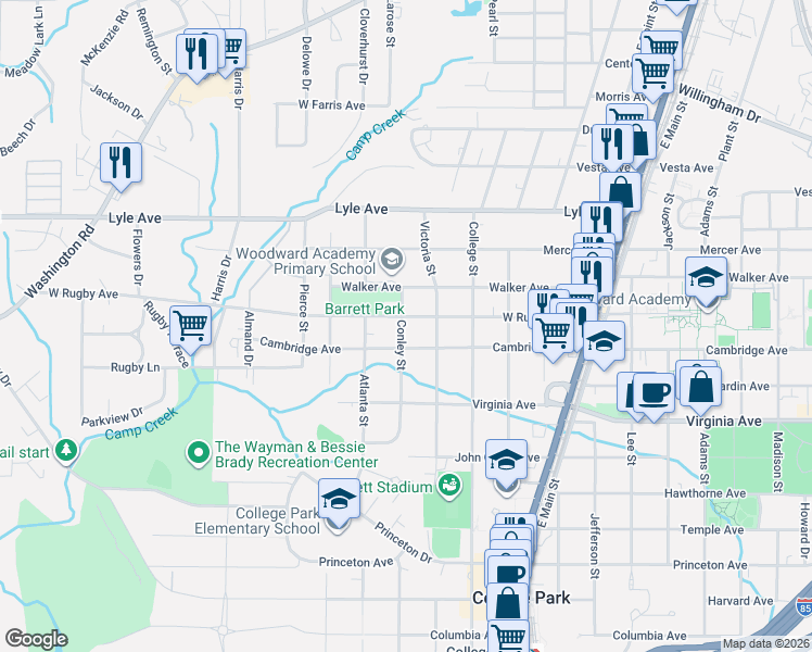 map of restaurants, bars, coffee shops, grocery stores, and more near 1999 West Rugby Avenue in Atlanta