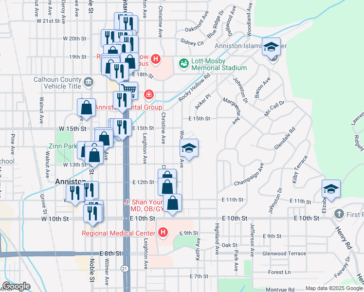 map of restaurants, bars, coffee shops, grocery stores, and more near 1401 Woodstock Avenue in Anniston
