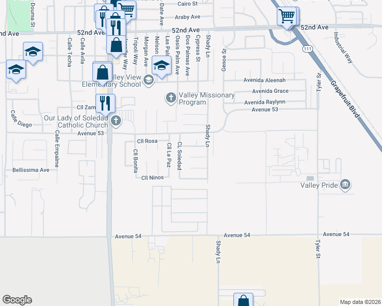 map of restaurants, bars, coffee shops, grocery stores, and more near 85634 Via Tepeyac in Coachella
