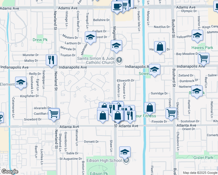 map of restaurants, bars, coffee shops, grocery stores, and more near 8933 Amador Circle in Huntington Beach