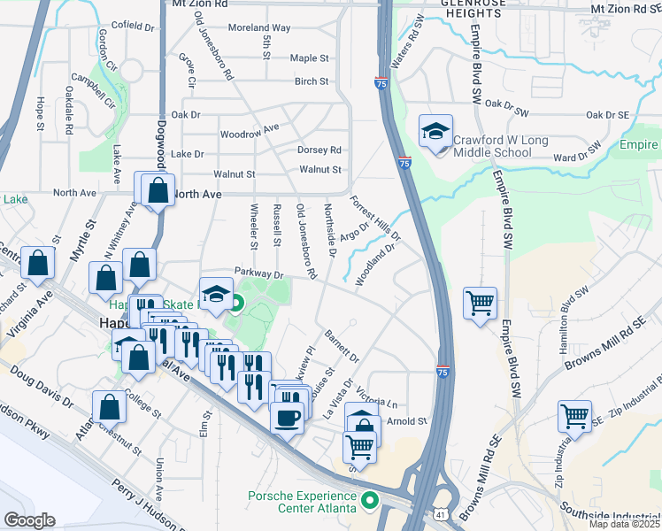 map of restaurants, bars, coffee shops, grocery stores, and more near Northside Drive in Hapeville