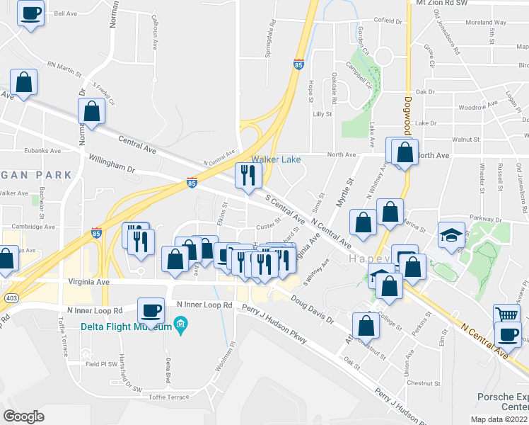 map of restaurants, bars, coffee shops, grocery stores, and more near 846 Willingham Dr in Hapeville
