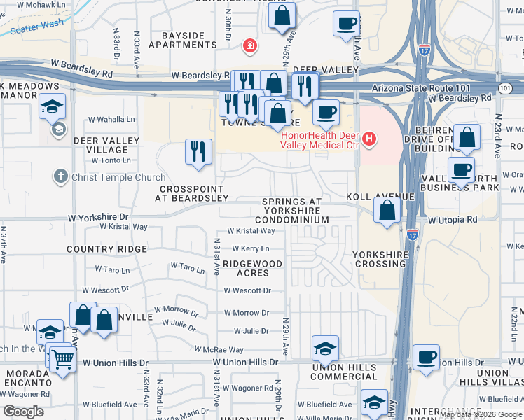 map of restaurants, bars, coffee shops, grocery stores, and more near Deer Valley Village Apartments in Phoenix