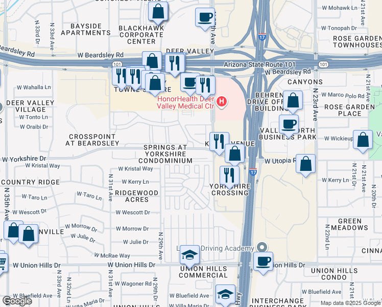 map of restaurants, bars, coffee shops, grocery stores, and more near 2929 West Yorkshire Drive in Phoenix