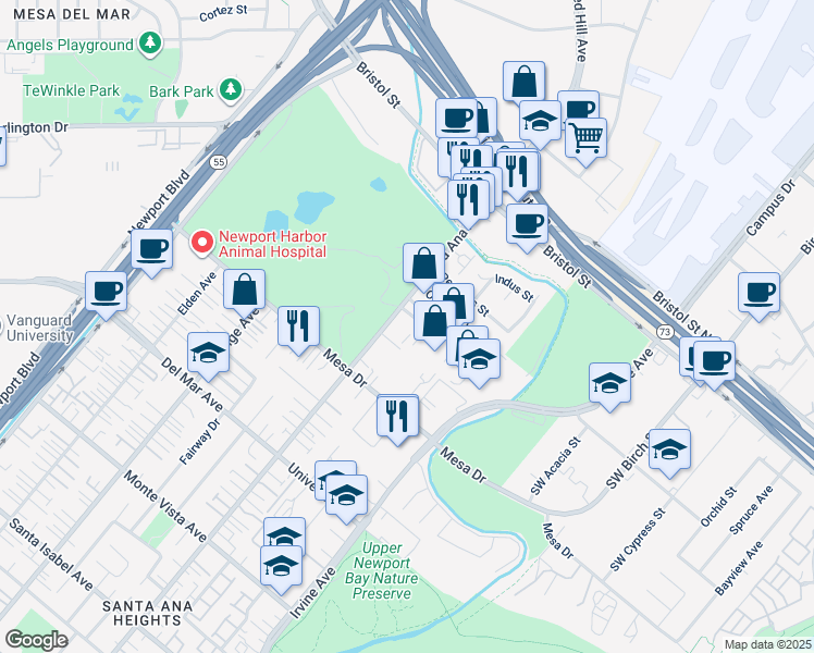 map of restaurants, bars, coffee shops, grocery stores, and more near 20312 Santa Ana Avenue in Newport Beach
