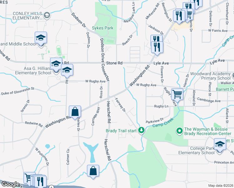 map of restaurants, bars, coffee shops, grocery stores, and more near 3409 Washington Road in Atlanta