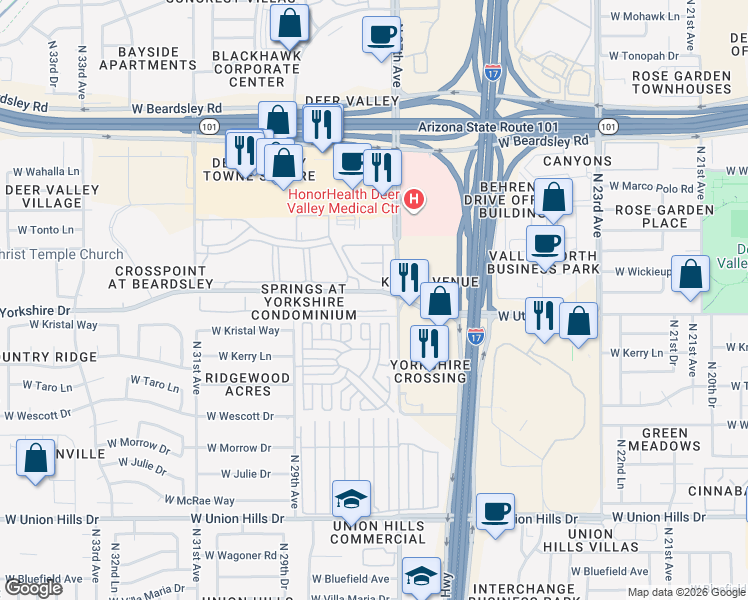 map of restaurants, bars, coffee shops, grocery stores, and more near 2929 West Yorkshire Drive in Phoenix