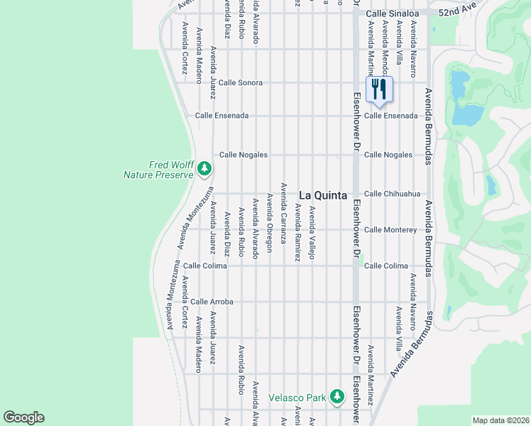 map of restaurants, bars, coffee shops, grocery stores, and more near 53135 Avenue Obregon in La Quinta