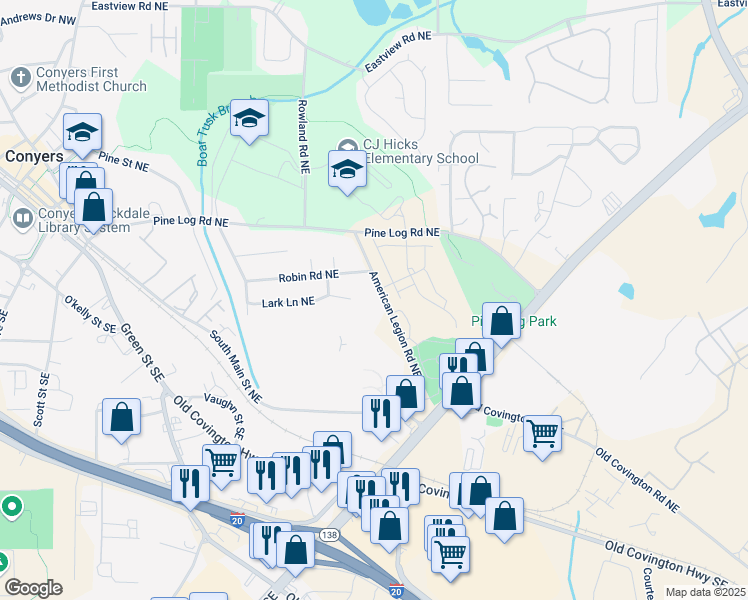 map of restaurants, bars, coffee shops, grocery stores, and more near 870 American Legion Road Northeast in Conyers