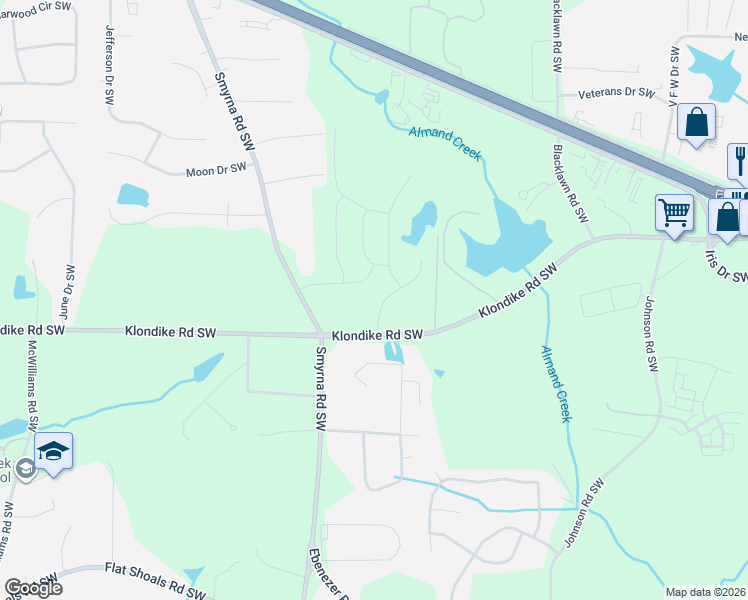 map of restaurants, bars, coffee shops, grocery stores, and more near 1761 Klondike Road Southwest in Conyers