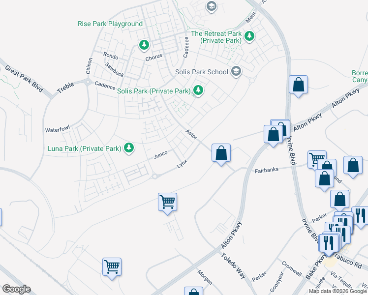 map of restaurants, bars, coffee shops, grocery stores, and more near El Toro Boulevard in Irvine
