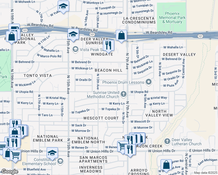 map of restaurants, bars, coffee shops, grocery stores, and more near 1008 West Piute Avenue in Phoenix