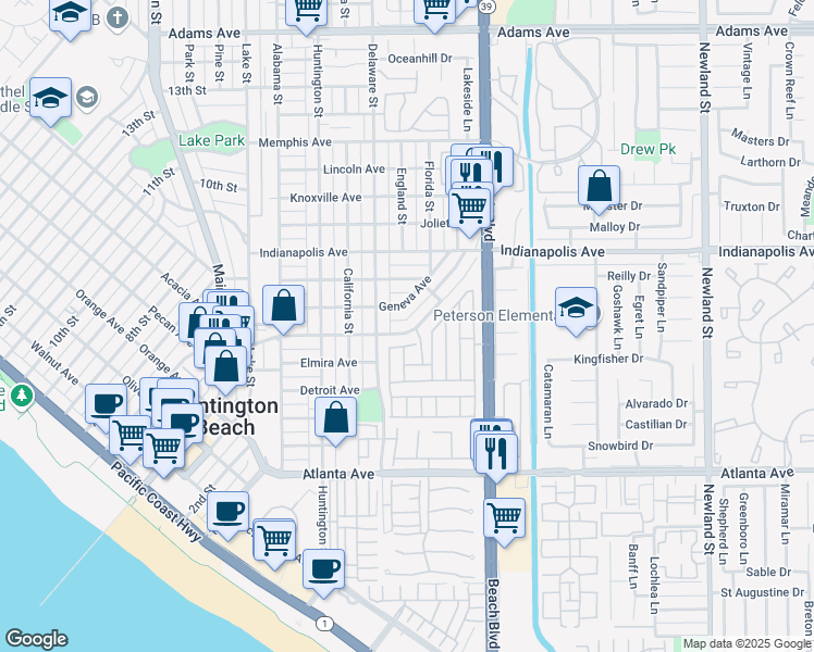 map of restaurants, bars, coffee shops, grocery stores, and more near 611 Frankfort Avenue in Huntington Beach