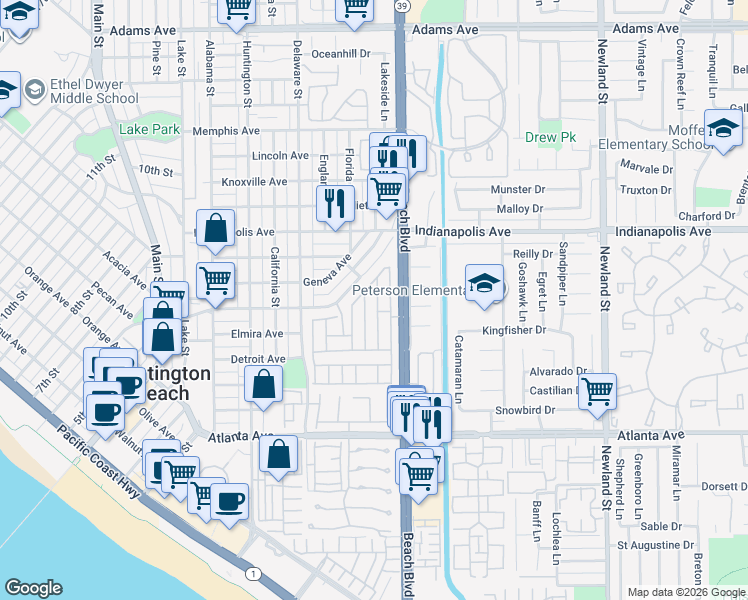map of restaurants, bars, coffee shops, grocery stores, and more near 645 Frankfort Avenue in Huntington Beach