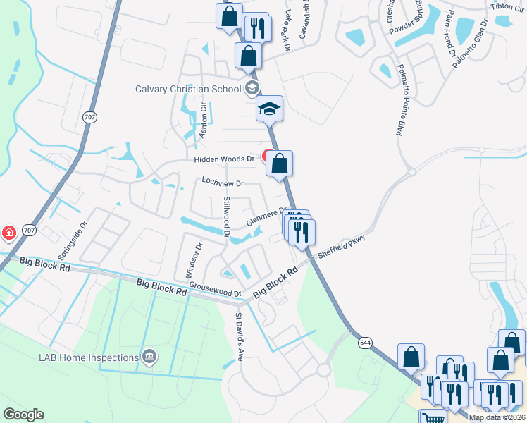 map of restaurants, bars, coffee shops, grocery stores, and more near 3909 Lochview Drive in Myrtle Beach