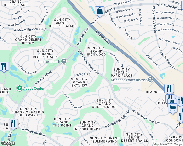 map of restaurants, bars, coffee shops, grocery stores, and more near 15317 West Big Sky Drive in Surprise