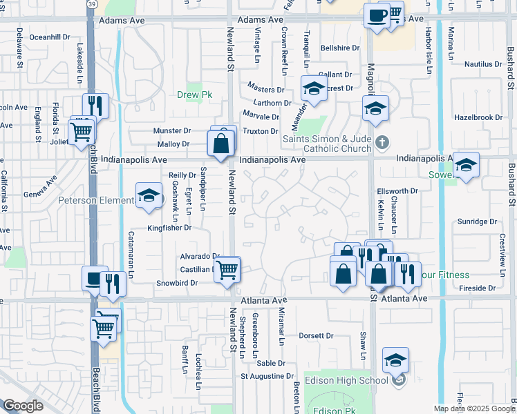 map of restaurants, bars, coffee shops, grocery stores, and more near 8565 Trinity Circle in Huntington Beach