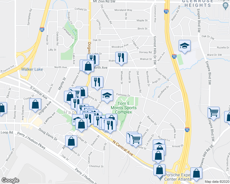 map of restaurants, bars, coffee shops, grocery stores, and more near 557 Parkway Drive in Hapeville
