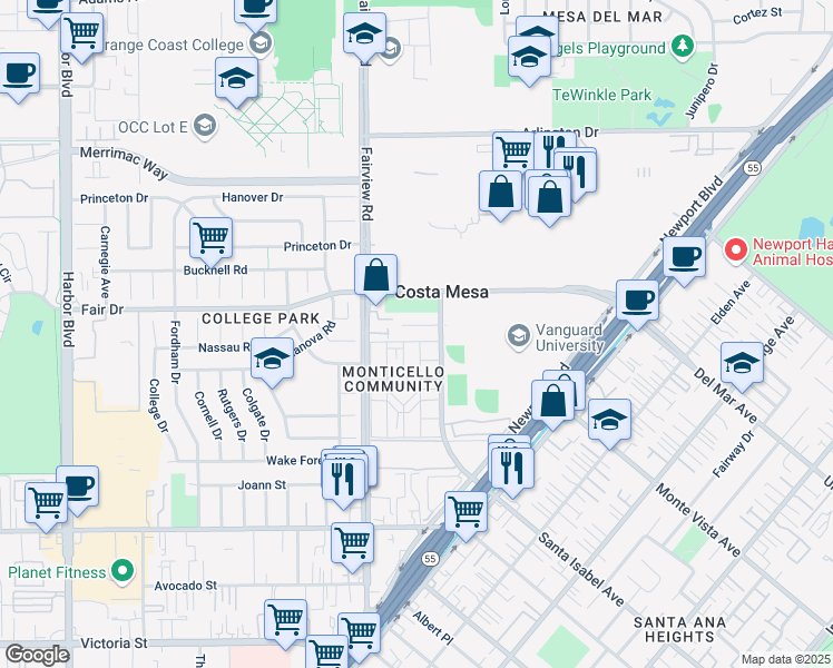 map of restaurants, bars, coffee shops, grocery stores, and more near 117 Clearbrook Lane in Costa Mesa