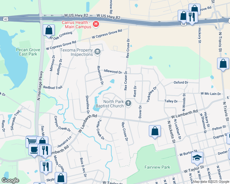 map of restaurants, bars, coffee shops, grocery stores, and more near 1505 Lakewood Drive in Sherman