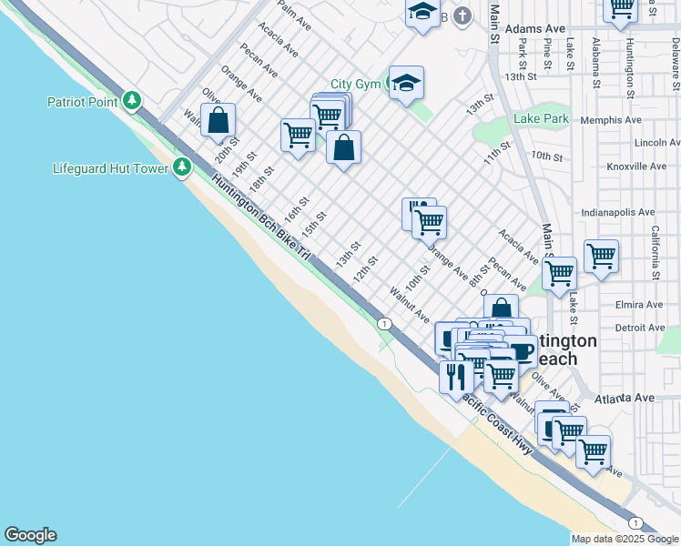 map of restaurants, bars, coffee shops, grocery stores, and more near 1312 Pacific Coast Highway in Huntington Beach