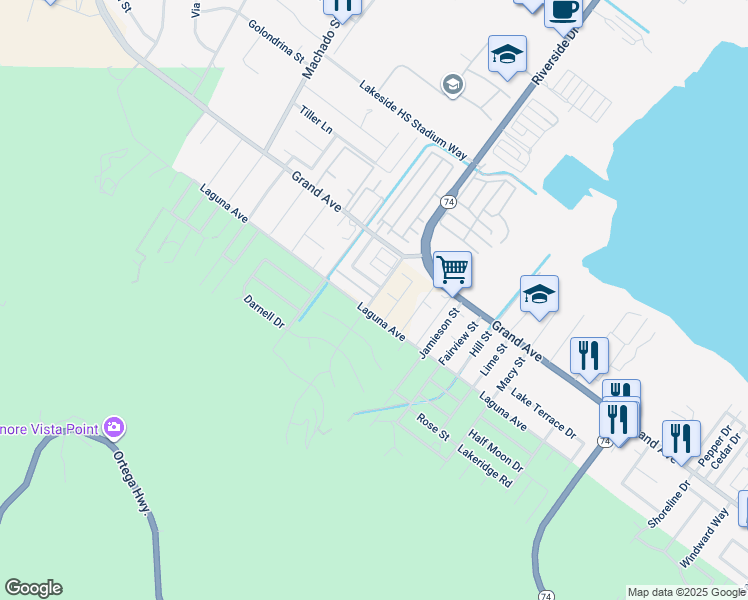 map of restaurants, bars, coffee shops, grocery stores, and more near 15248 Laguna Avenue in Lake Elsinore