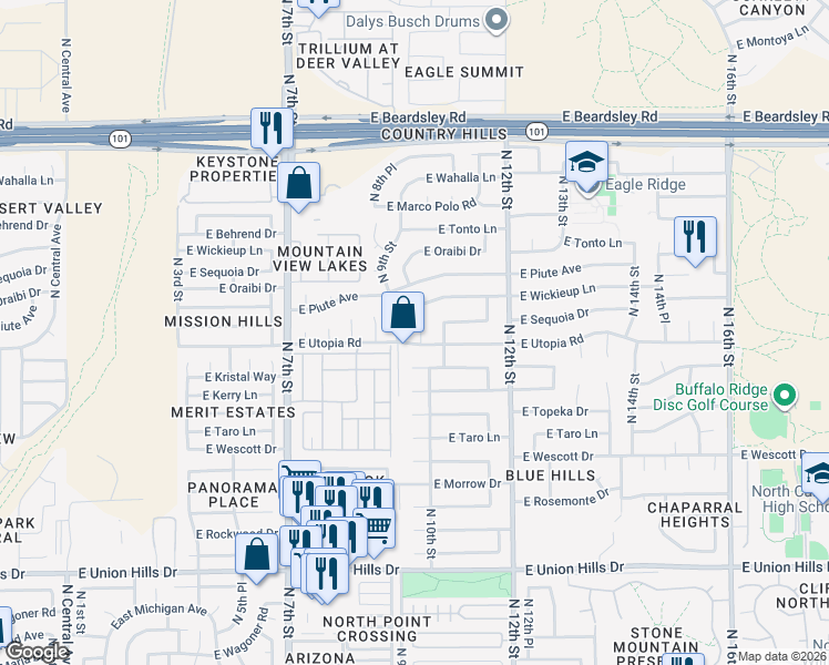 map of restaurants, bars, coffee shops, grocery stores, and more near 19424 North 9th Place in Phoenix