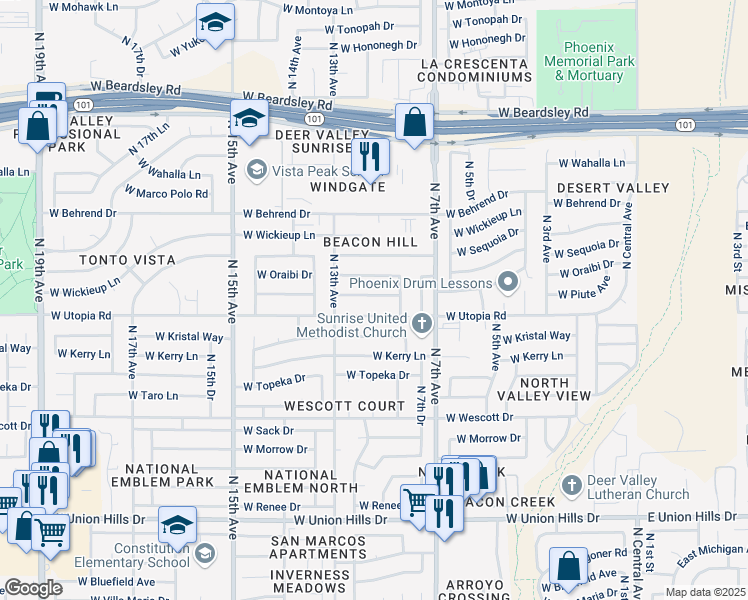 map of restaurants, bars, coffee shops, grocery stores, and more near 1008 West Piute Avenue in Phoenix