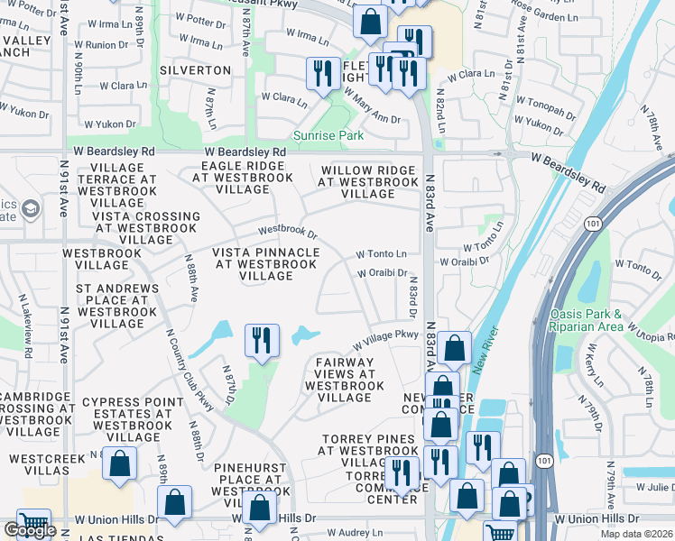 map of restaurants, bars, coffee shops, grocery stores, and more near 19444 North 85th Drive in Peoria