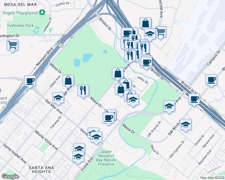 map of restaurants, bars, coffee shops, grocery stores, and more near 1531 August Lane in Newport Beach
