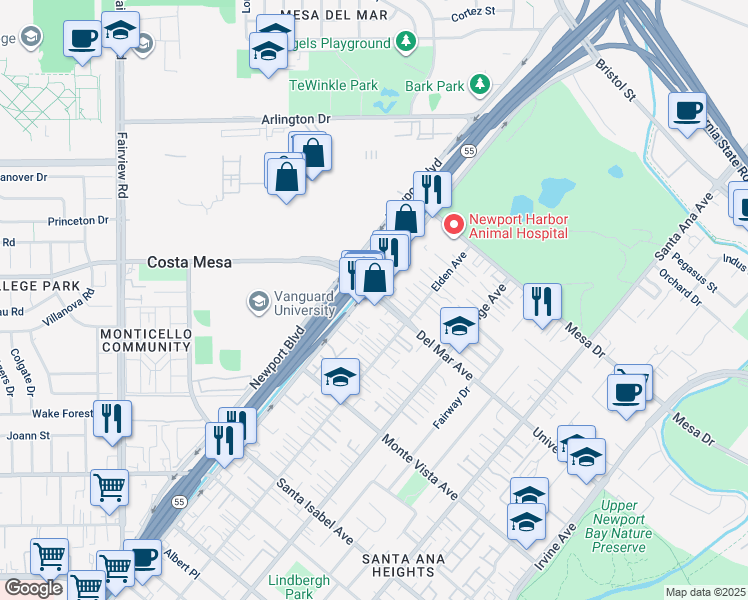 map of restaurants, bars, coffee shops, grocery stores, and more near 2602 Newport Boulevard in Costa Mesa