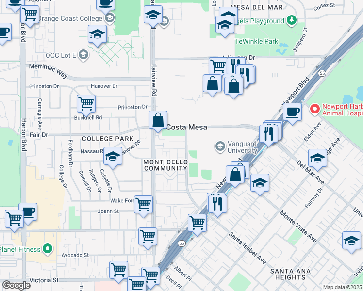 map of restaurants, bars, coffee shops, grocery stores, and more near 100 Clearbrook Lane in Costa Mesa