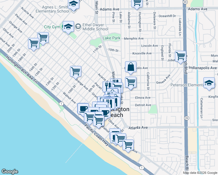map of restaurants, bars, coffee shops, grocery stores, and more near 605 Main Street in Huntington Beach