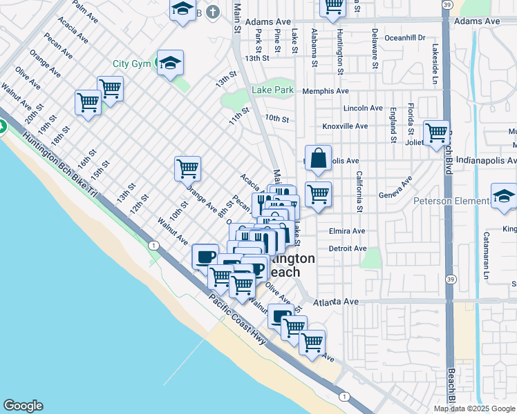 map of restaurants, bars, coffee shops, grocery stores, and more near 517 7th Street in Huntington Beach