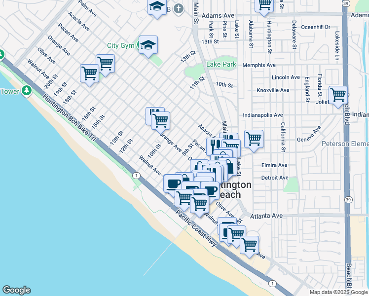 map of restaurants, bars, coffee shops, grocery stores, and more near 7141 Bluesails Drive in Huntington Beach