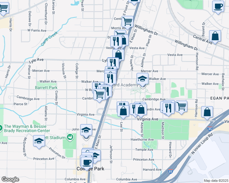 map of restaurants, bars, coffee shops, grocery stores, and more near 1729 West Rugby Avenue in Atlanta