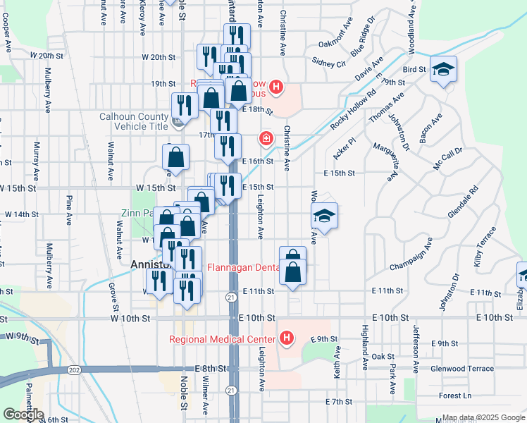 map of restaurants, bars, coffee shops, grocery stores, and more near 1412 Leighton Avenue in Anniston