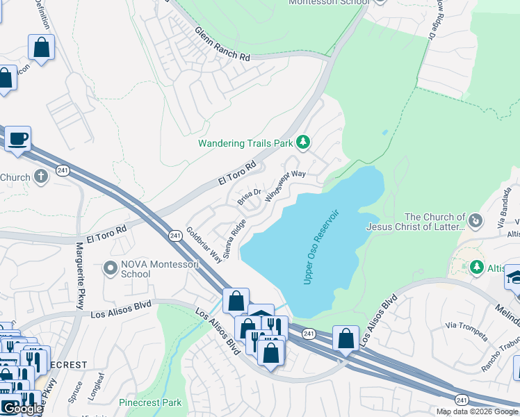 map of restaurants, bars, coffee shops, grocery stores, and more near 81 Windswept Way in Mission Viejo
