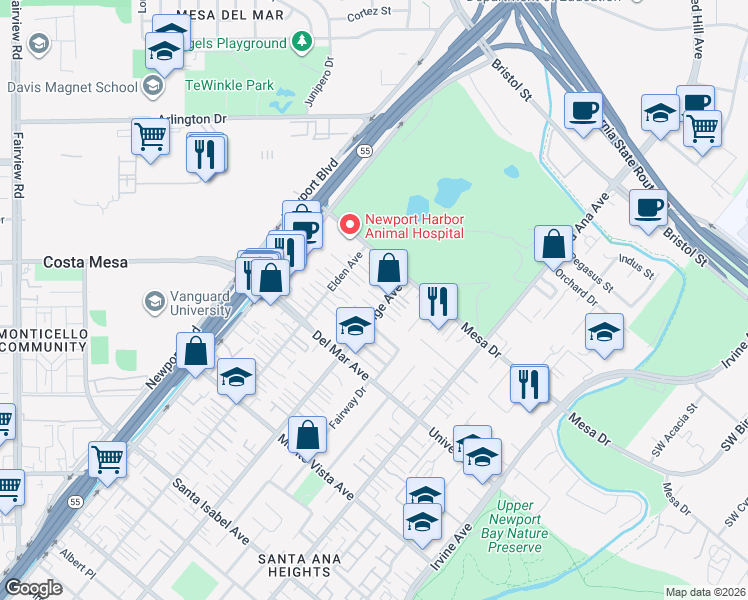 map of restaurants, bars, coffee shops, grocery stores, and more near 2661 Orange Avenue in Costa Mesa