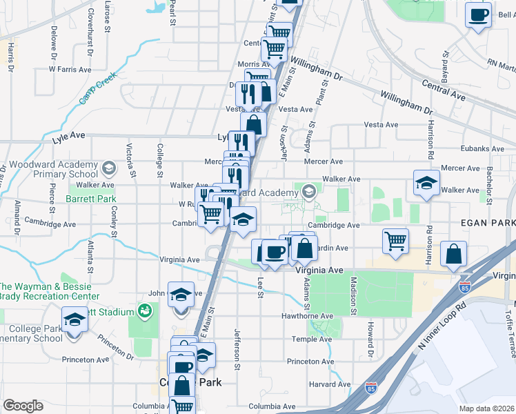 map of restaurants, bars, coffee shops, grocery stores, and more near 1729 West Rugby Avenue in Atlanta